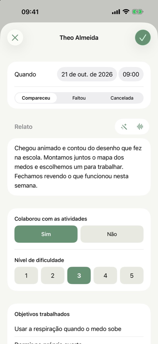 Tela de registro de evolução da sessão