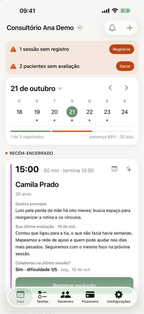Tela Hoje com a agenda do dia e as pendências